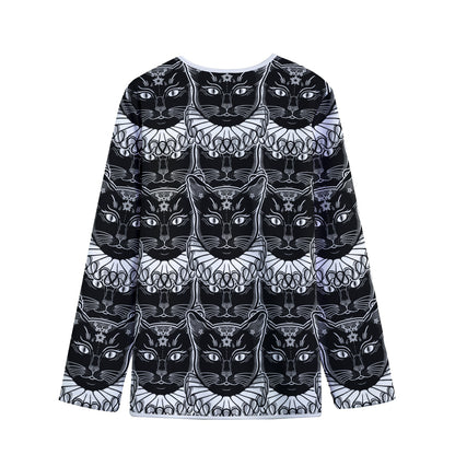 Black And White Gothic Wiccan Cat Print Long Sleeve Short Coat