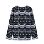 Black And White Gothic Wiccan Cat Print Long Sleeve Short Coat
