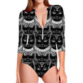 Black And White Gothic Wiccan Cat Print Long Sleeve Swimsuit