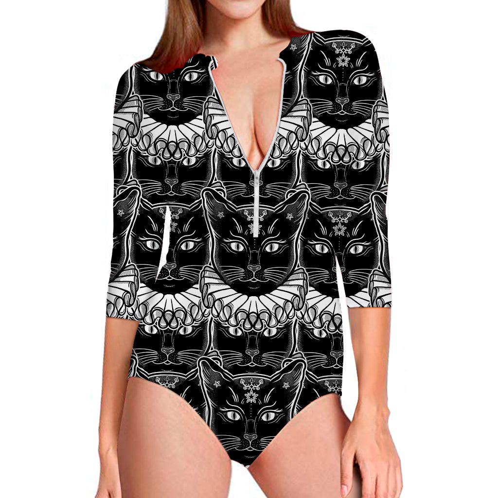 Black And White Gothic Wiccan Cat Print Long Sleeve Swimsuit