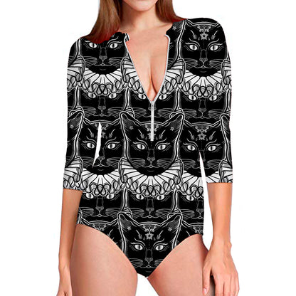 Black And White Gothic Wiccan Cat Print Long Sleeve Swimsuit