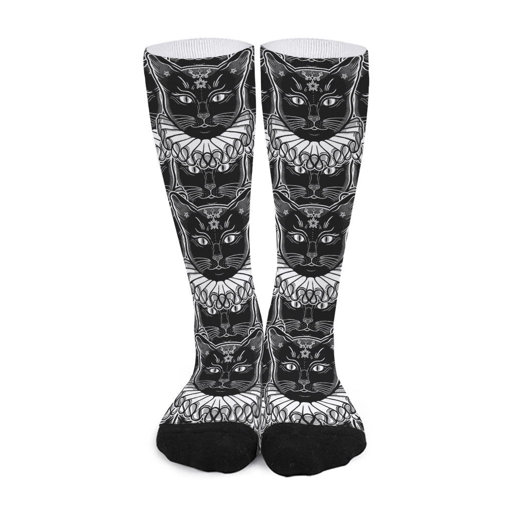 Black And White Gothic Wiccan Cat Print Long Socks