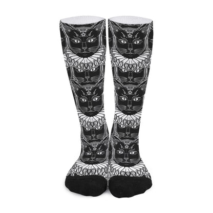 Black And White Gothic Wiccan Cat Print Long Socks