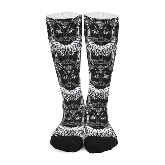 Black And White Gothic Wiccan Cat Print Long Socks
