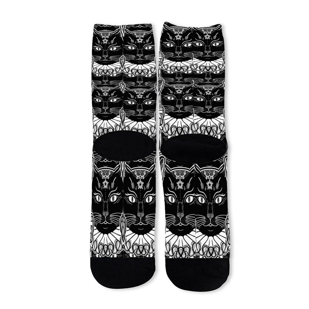 Black And White Gothic Wiccan Cat Print Long Socks