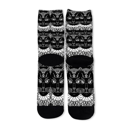 Black And White Gothic Wiccan Cat Print Long Socks