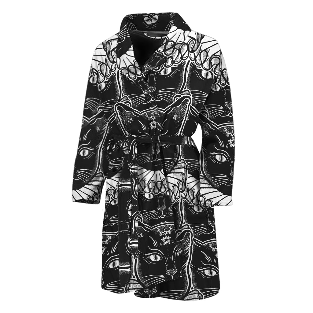 Black And White Gothic Wiccan Cat Print Men's Bathrobe