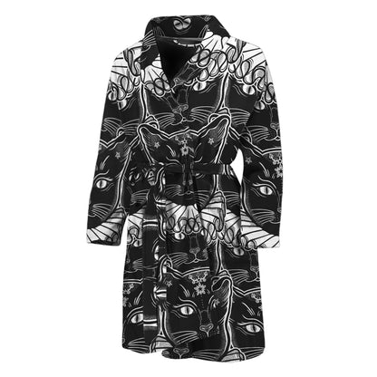 Black And White Gothic Wiccan Cat Print Men's Bathrobe