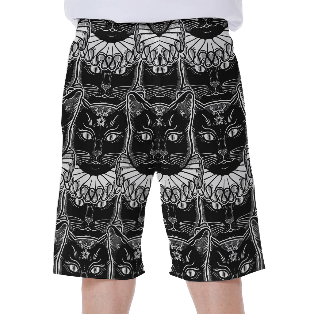 Black And White Gothic Wiccan Cat Print Men's Beach Shorts