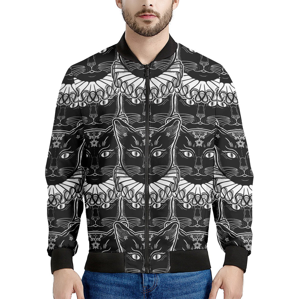 Black And White Gothic Wiccan Cat Print Men's Bomber Jacket