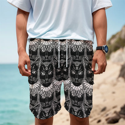 Black And White Gothic Wiccan Cat Print Men's Cargo Shorts