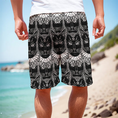 Black And White Gothic Wiccan Cat Print Men's Cargo Shorts