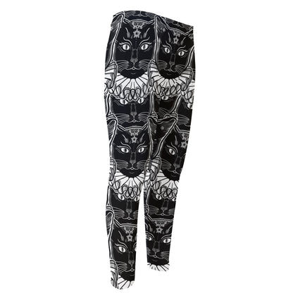 Black And White Gothic Wiccan Cat Print Men's Compression Pants