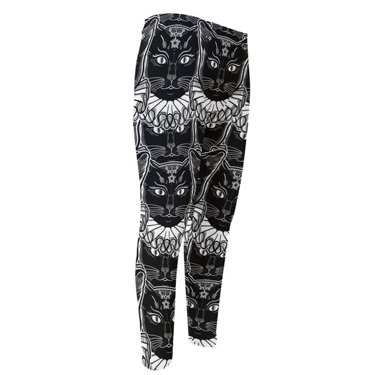 Black And White Gothic Wiccan Cat Print Men's Compression Pants