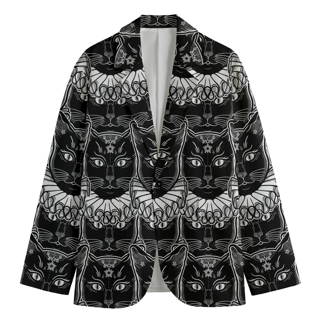Black And White Gothic Wiccan Cat Print Men's Cotton Blazer