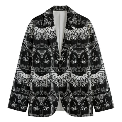 Black And White Gothic Wiccan Cat Print Men's Cotton Blazer