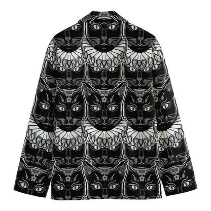 Black And White Gothic Wiccan Cat Print Men's Cotton Blazer