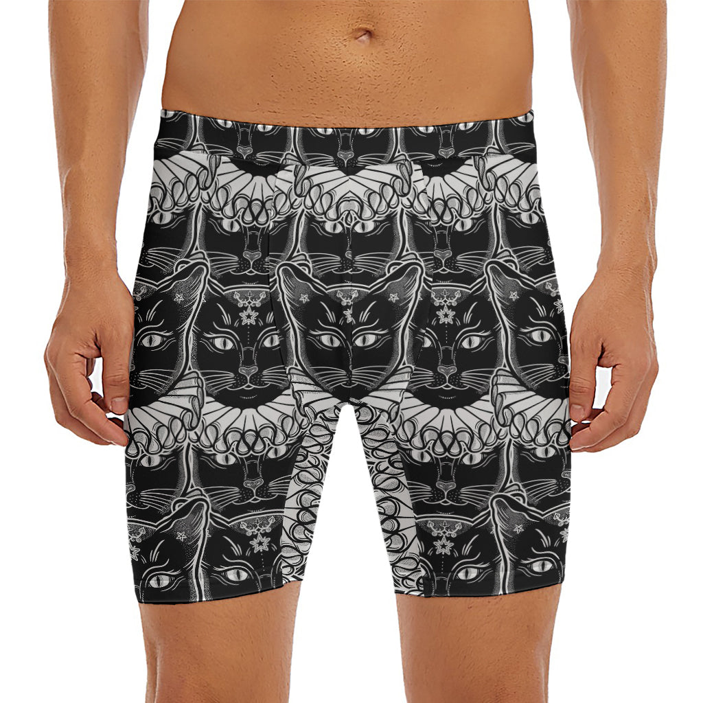 Black And White Gothic Wiccan Cat Print Men's Long Boxer Briefs