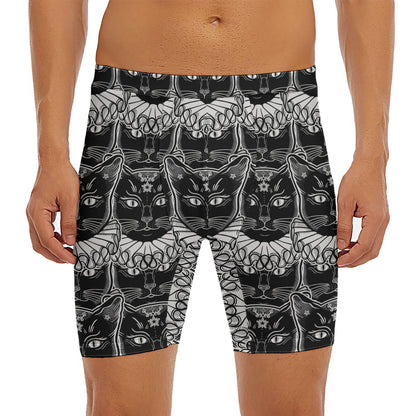 Black And White Gothic Wiccan Cat Print Men's Long Boxer Briefs
