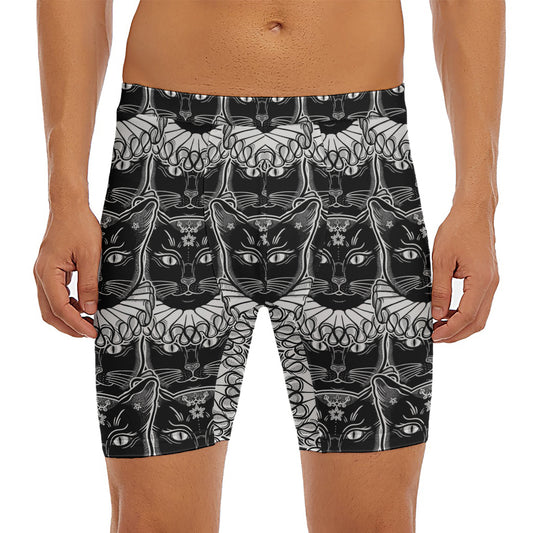 Black And White Gothic Wiccan Cat Print Men's Long Boxer Briefs