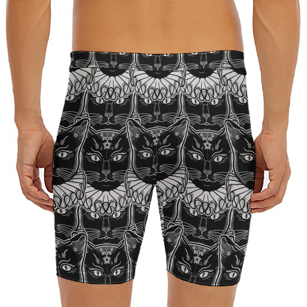 Black And White Gothic Wiccan Cat Print Men's Long Boxer Briefs