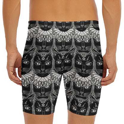 Black And White Gothic Wiccan Cat Print Men's Long Boxer Briefs