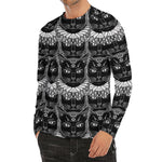 Black And White Gothic Wiccan Cat Print Men's Long Sleeve Rash Guard