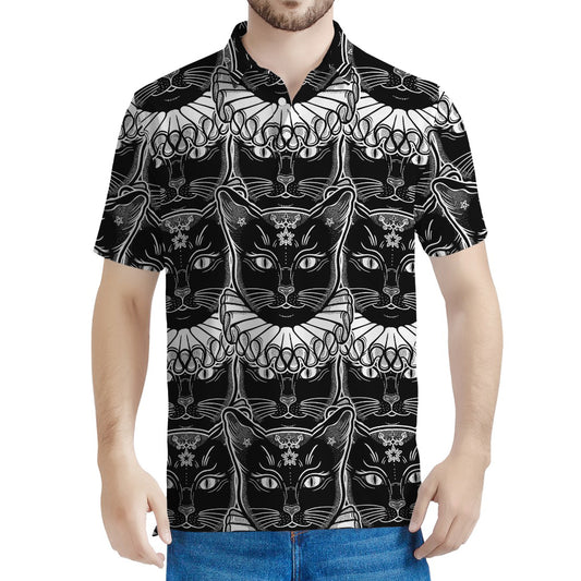 Black And White Gothic Wiccan Cat Print Men's Polo Shirt