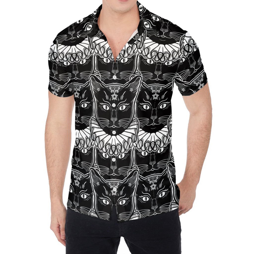 Black And White Gothic Wiccan Cat Print Men's Shirt