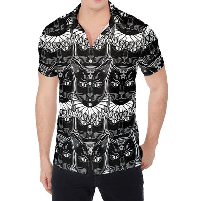 Black And White Gothic Wiccan Cat Print Men's Shirt