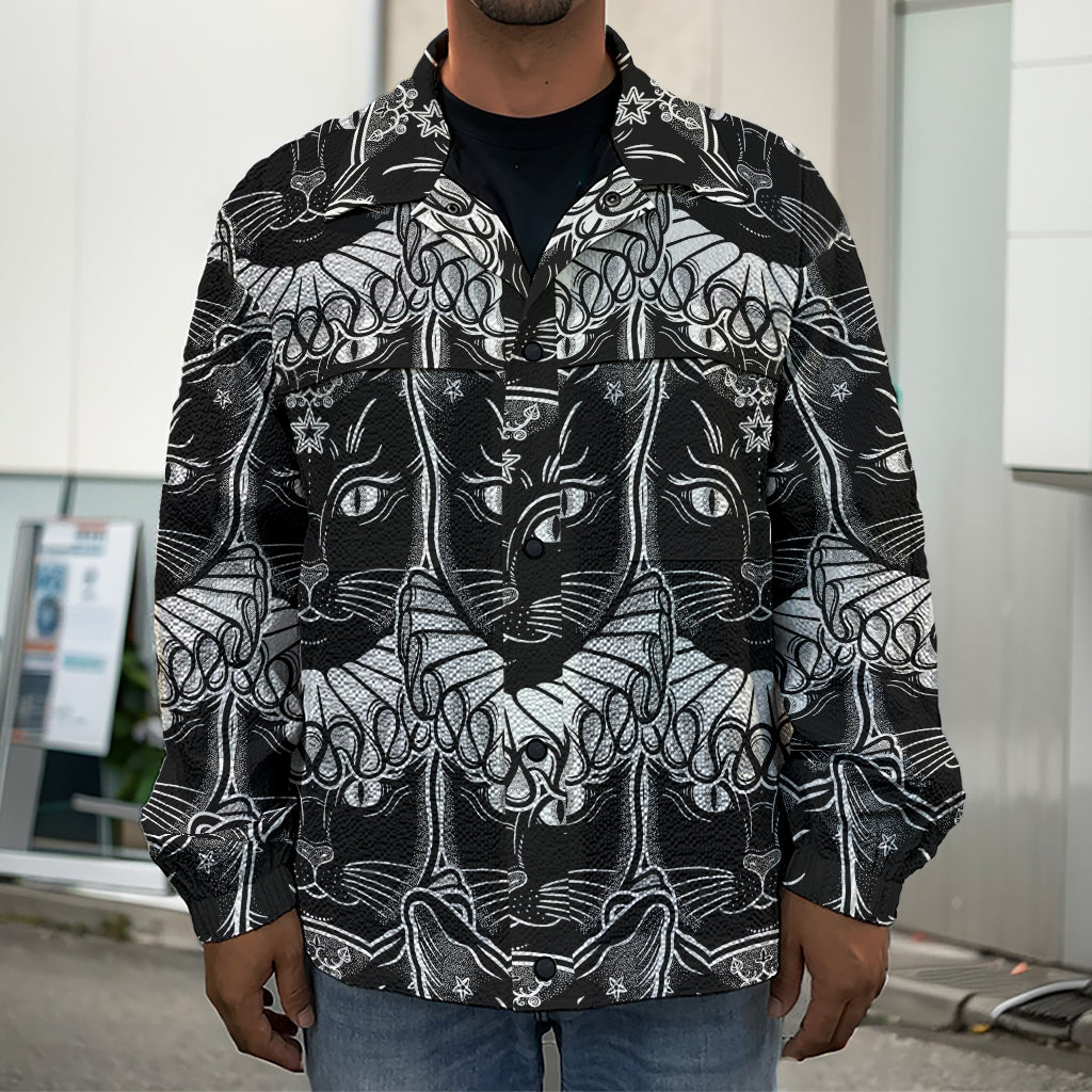 Black And White Gothic Wiccan Cat Print Men's Shirt Jacket