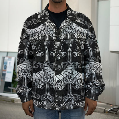Black And White Gothic Wiccan Cat Print Men's Shirt Jacket