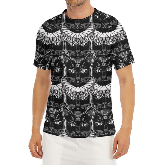 Black And White Gothic Wiccan Cat Print Men's Short Sleeve Rash Guard