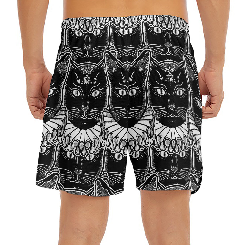 Black And White Gothic Wiccan Cat Print Men's Split Running Shorts