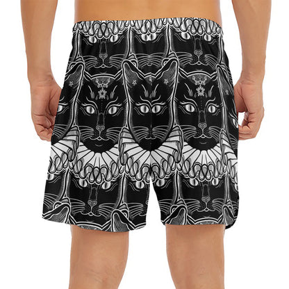 Black And White Gothic Wiccan Cat Print Men's Split Running Shorts