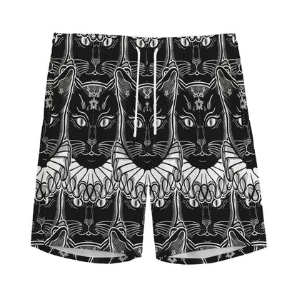 Black And White Gothic Wiccan Cat Print Men's Sports Shorts