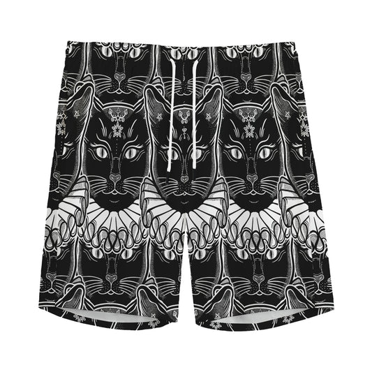 Black And White Gothic Wiccan Cat Print Men's Sports Shorts