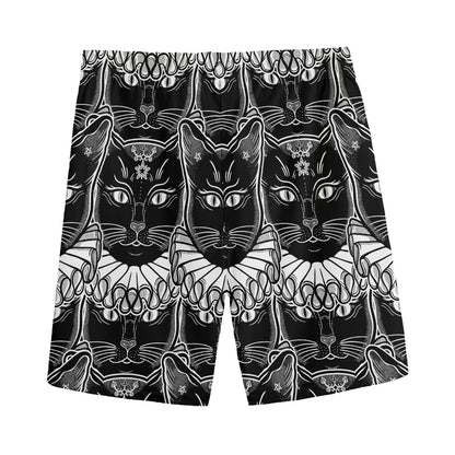 Black And White Gothic Wiccan Cat Print Men's Sports Shorts