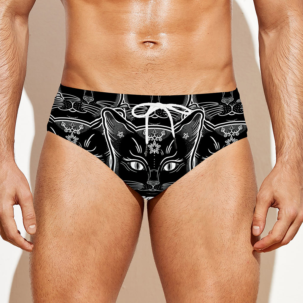 Black And White Gothic Wiccan Cat Print Men's Swim Briefs