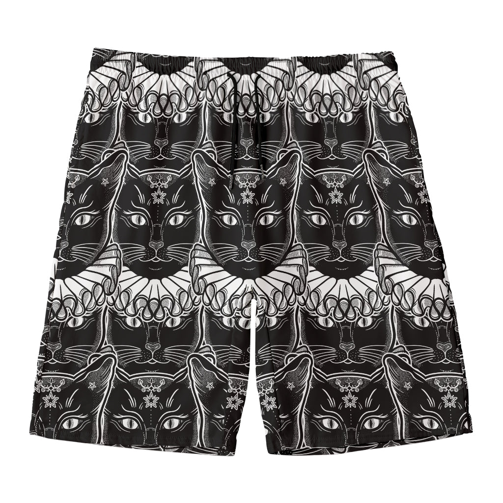 Black And White Gothic Wiccan Cat Print Men's Swim Trunks