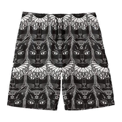 Black And White Gothic Wiccan Cat Print Men's Swim Trunks