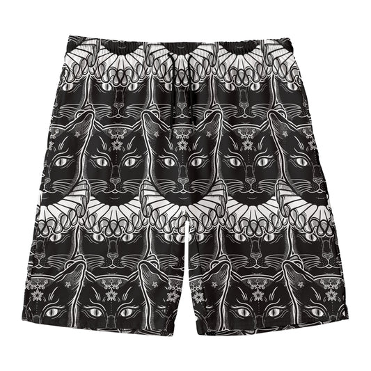 Black And White Gothic Wiccan Cat Print Men's Swim Trunks