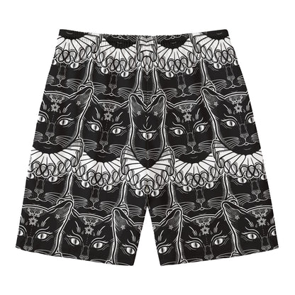 Black And White Gothic Wiccan Cat Print Men's Swim Trunks