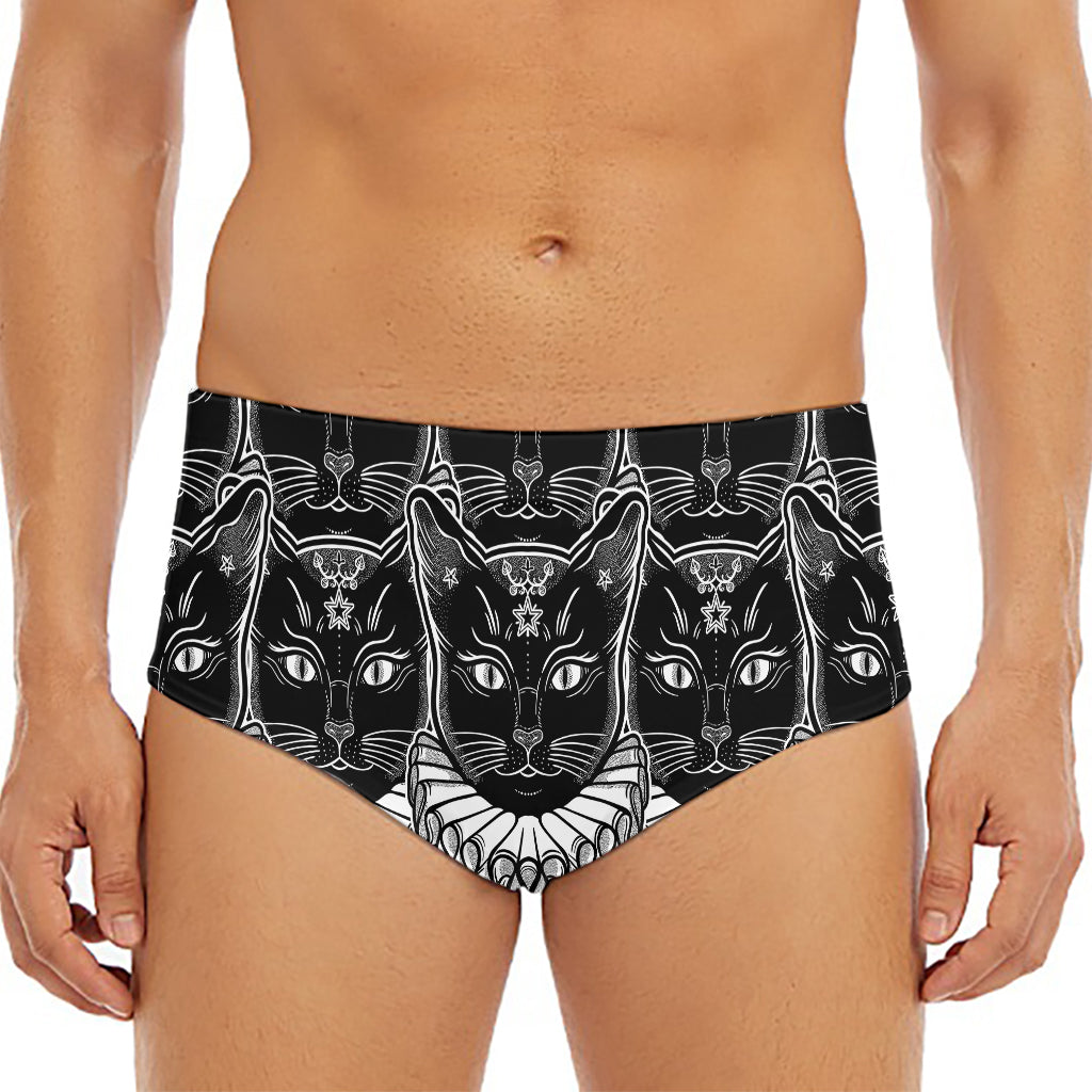 Black And White Gothic Wiccan Cat Print Men's Triangle Swim Briefs
