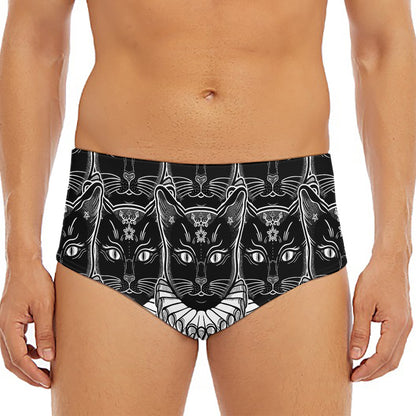 Black And White Gothic Wiccan Cat Print Men's Triangle Swim Briefs