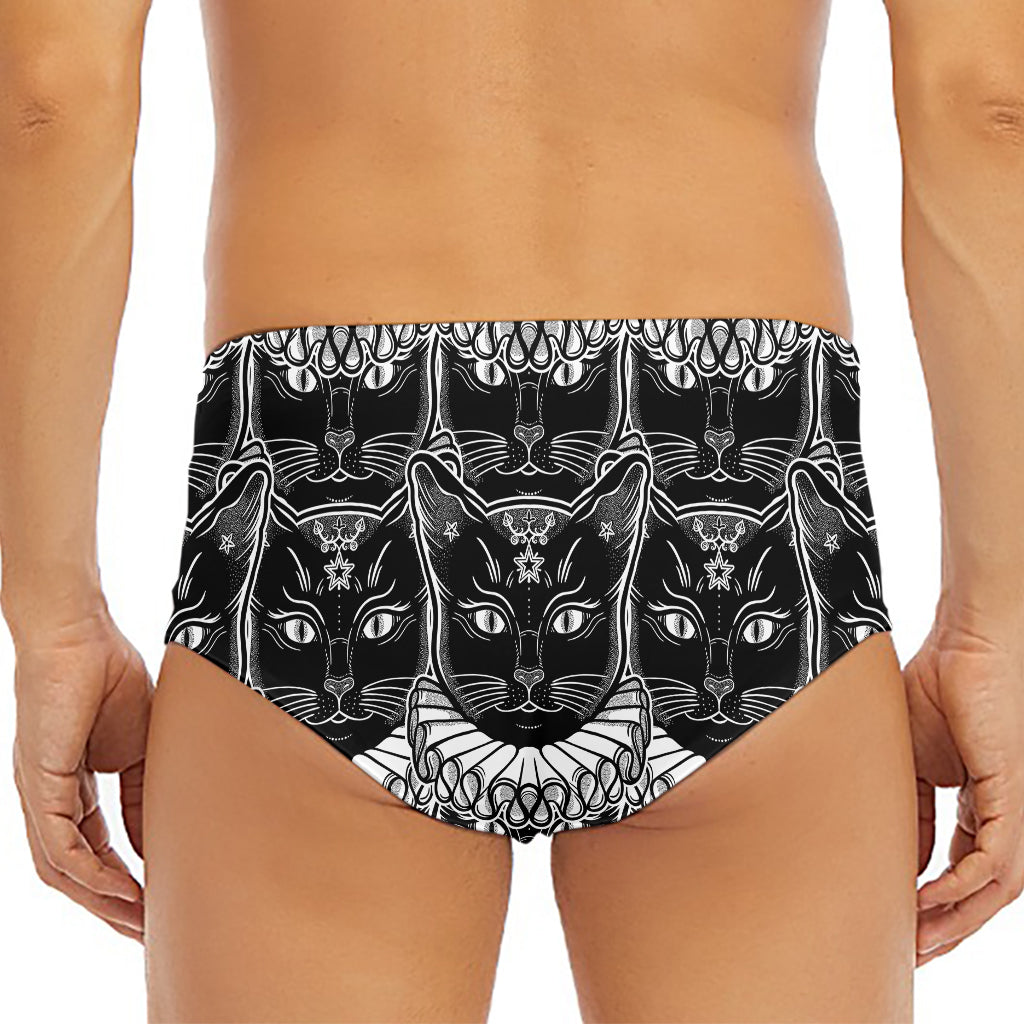 Black And White Gothic Wiccan Cat Print Men's Triangle Swim Briefs