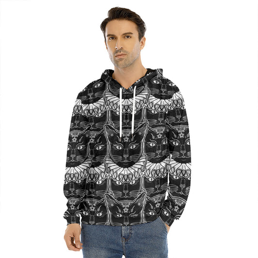 Black And White Gothic Wiccan Cat Print Men's Velvet Pullover Hoodie