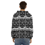Black And White Gothic Wiccan Cat Print Men's Velvet Pullover Hoodie