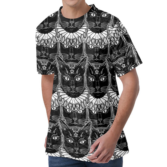 Black And White Gothic Wiccan Cat Print Men's Velvet T-Shirt