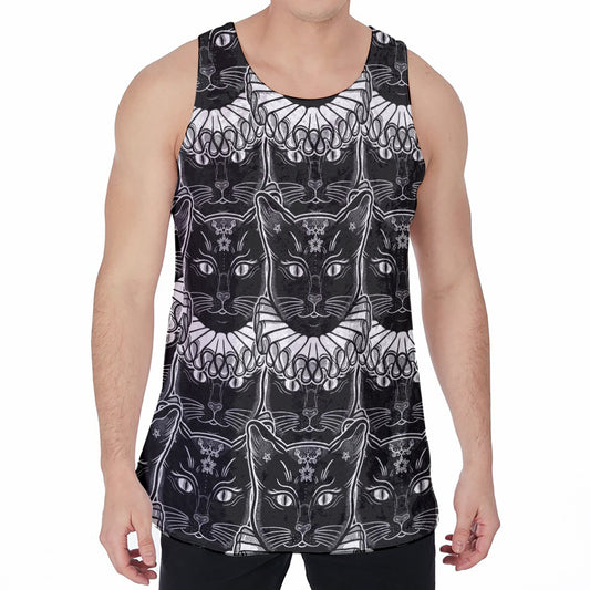 Black And White Gothic Wiccan Cat Print Men's Velvet Tank Top